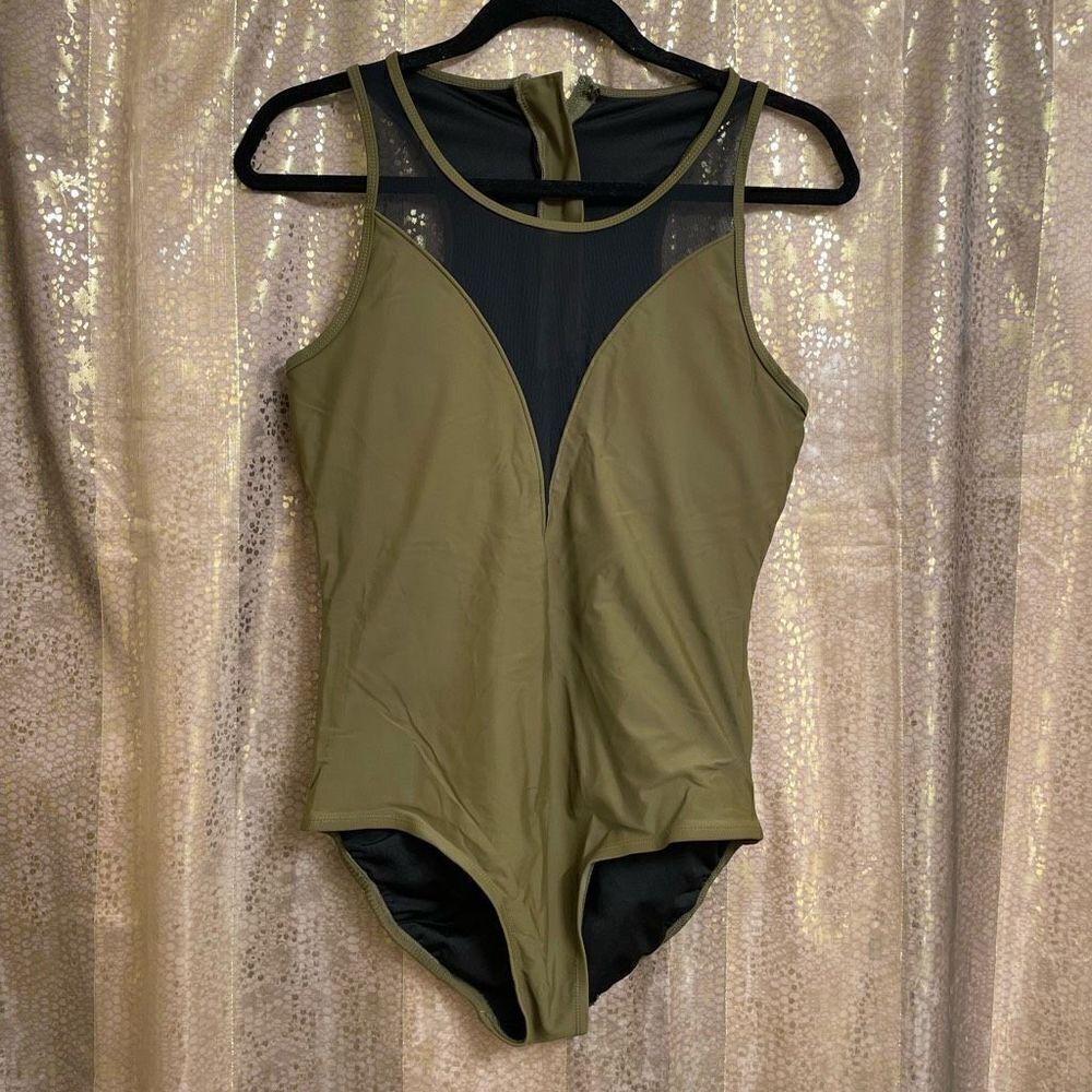 Alisha Levine Olive Green Black High Neck One Piece Swimsuit, 14‎